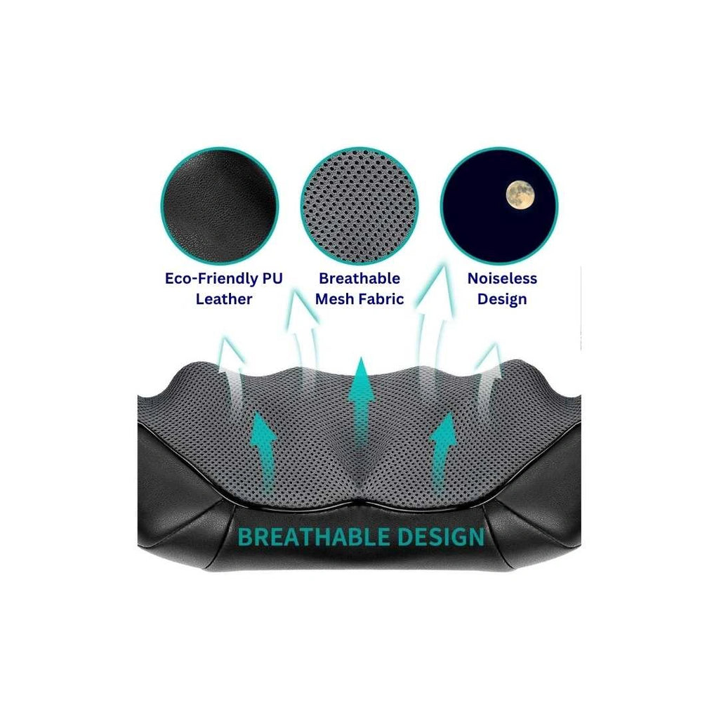 Black massage pillow with breathable design features on a white background