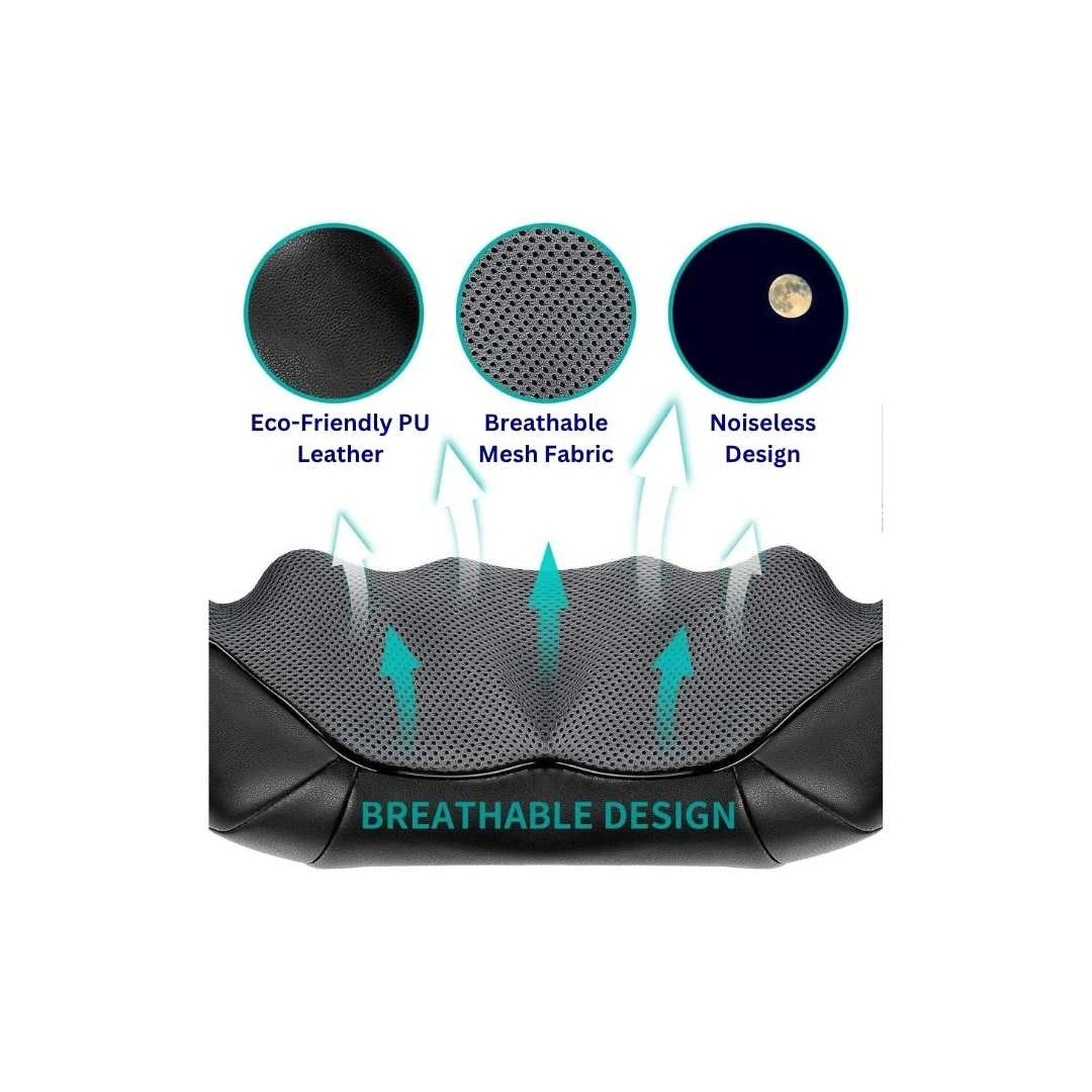 Black massage pillow with breathable design features on a white background