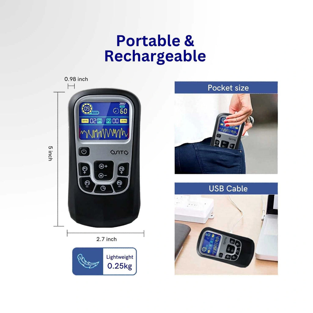 Portable electronic device with USB cable, dimensions, and pocket size illustration on a white background. Volta TENS Unit EMS Machine by Revital Motion