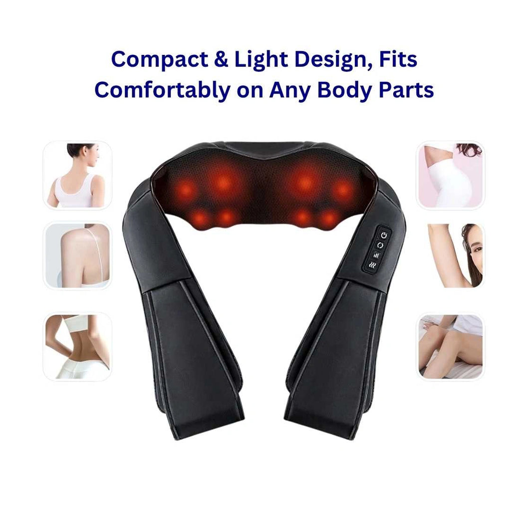 Black neck and shoulder massager with red lights on a white background
