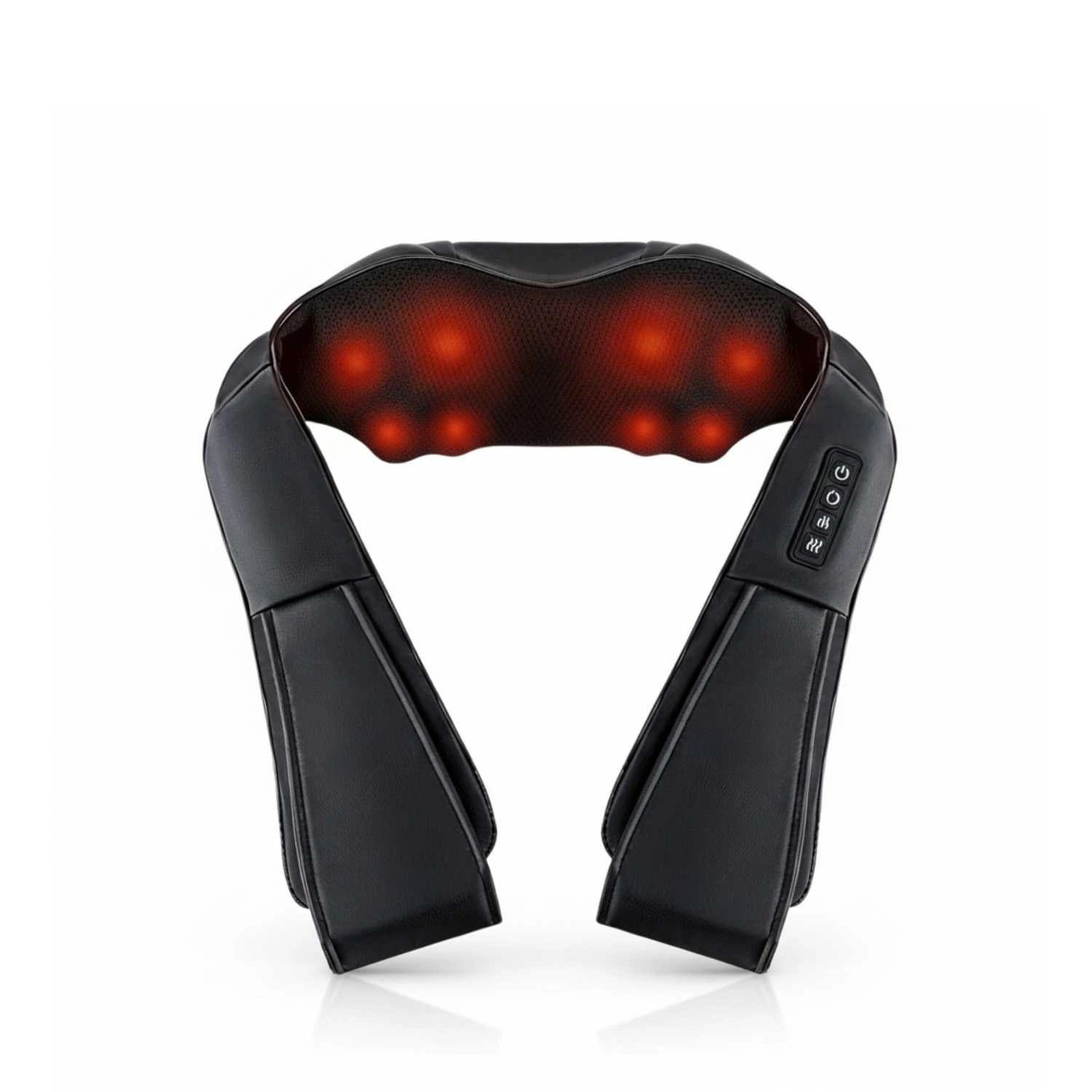 Black neck and shoulder massager with glowing red lights on a white background