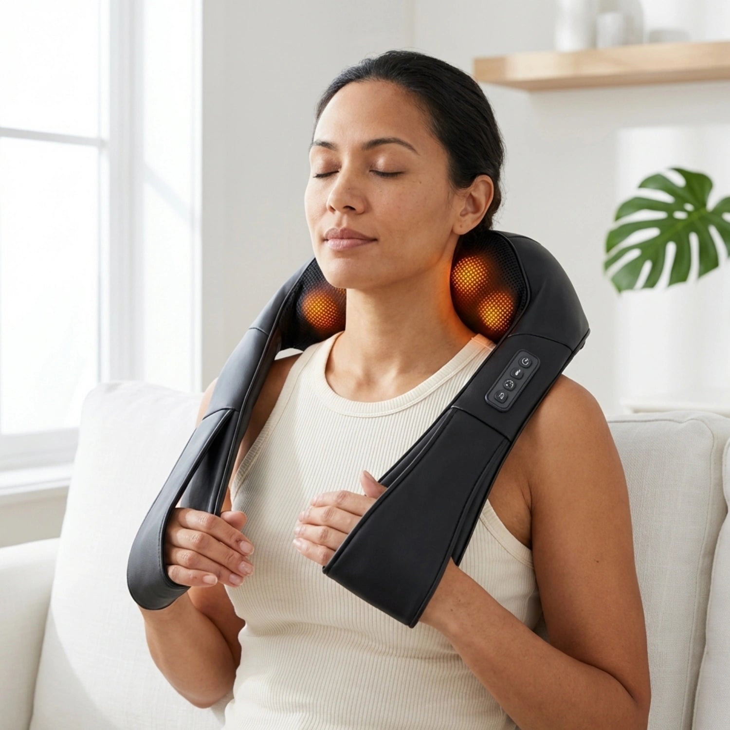 Woman using a handheld massager on her shoulders in a home setting