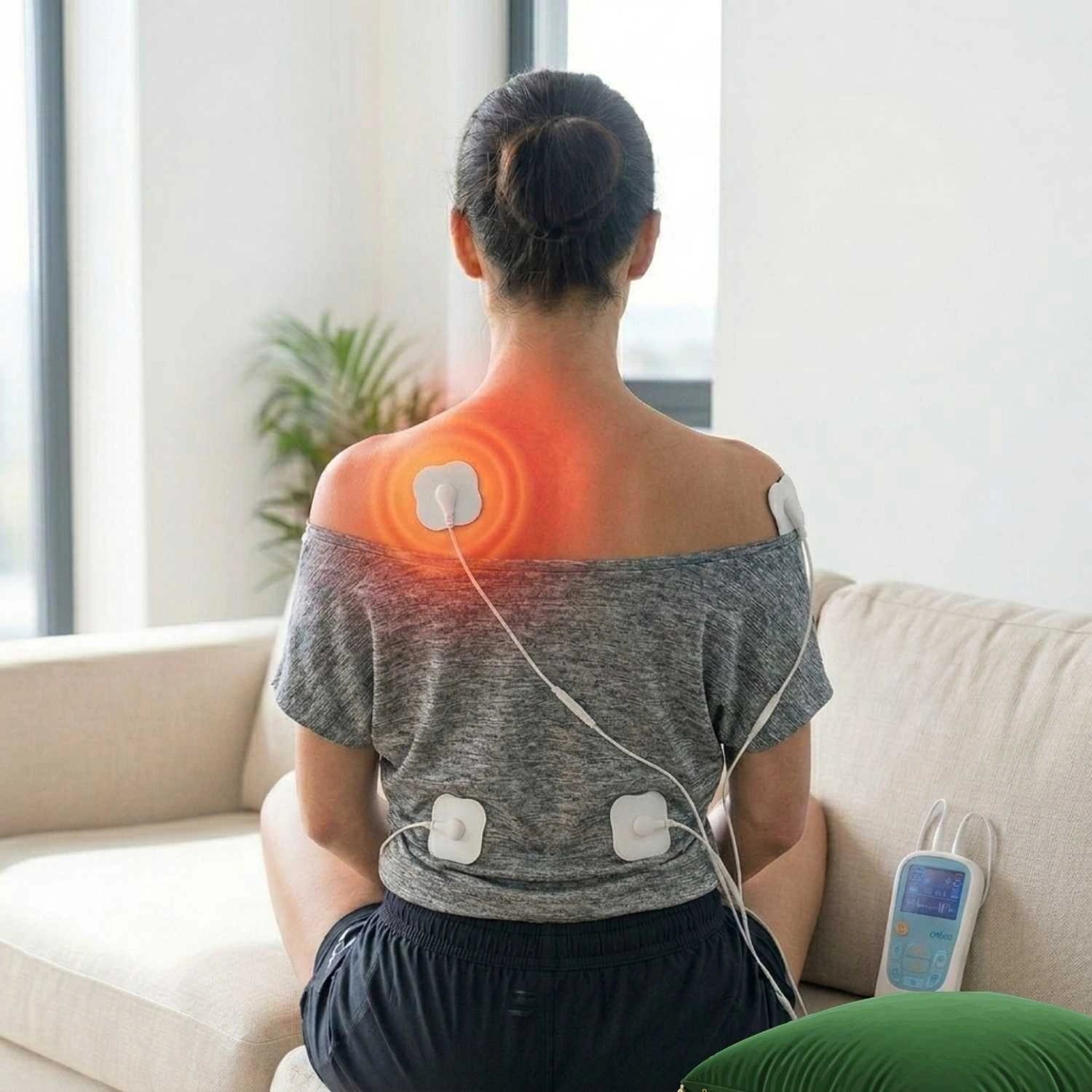 Person using an electronic device on their back in a home setting. Volta TENS Unit EMS Machine by Revital Motion