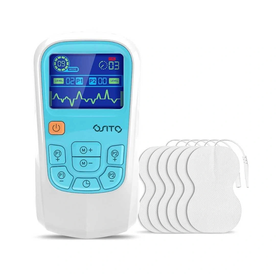 Electrotherapy device with digital display and multiple pads on a white Volta TENS Unit EMS Machine by Revital Motion
