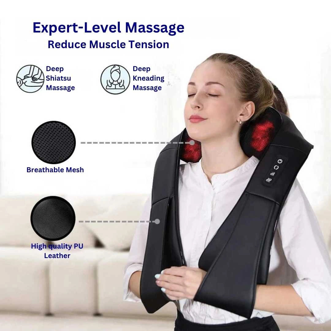 Woman wearing a black massage device on her shoulders with text highlighting features.