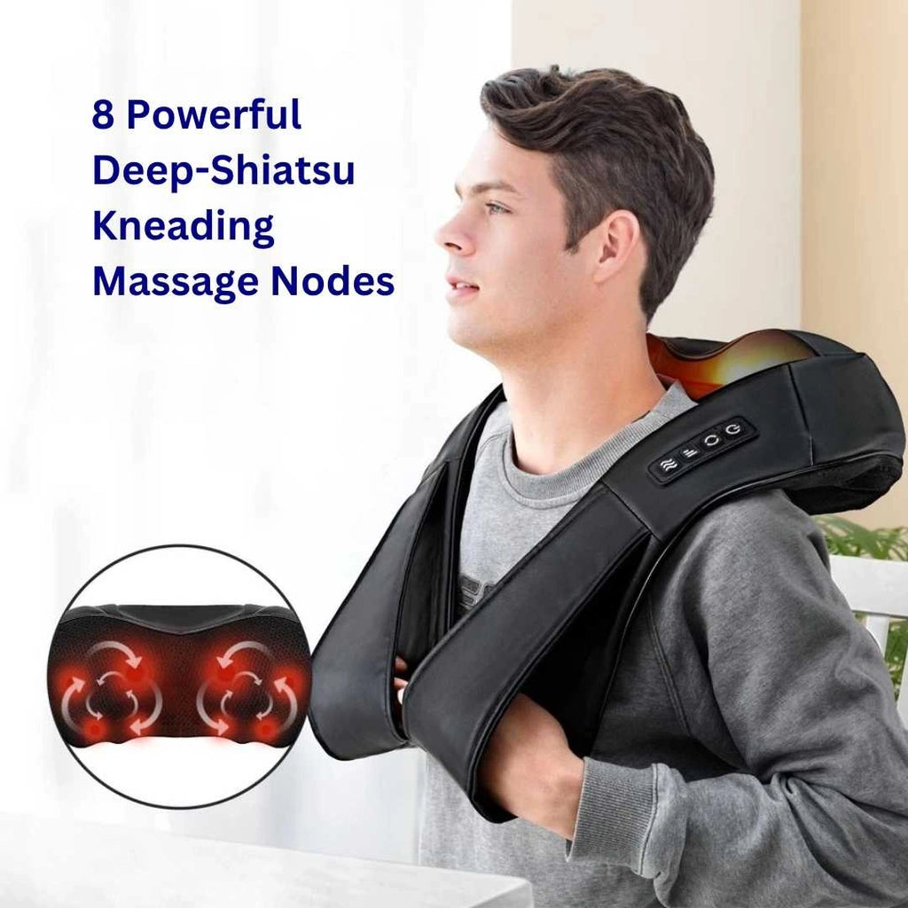 Person using a Shiatsu massage device on their shoulders with text highlighting features.