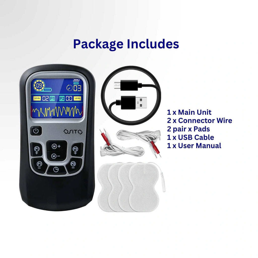Electrotherapy device package with main unit, connector wire, USB cable, pads, and user manual on a white background. Volta TENS Unit EMS Machine by Revital Motion