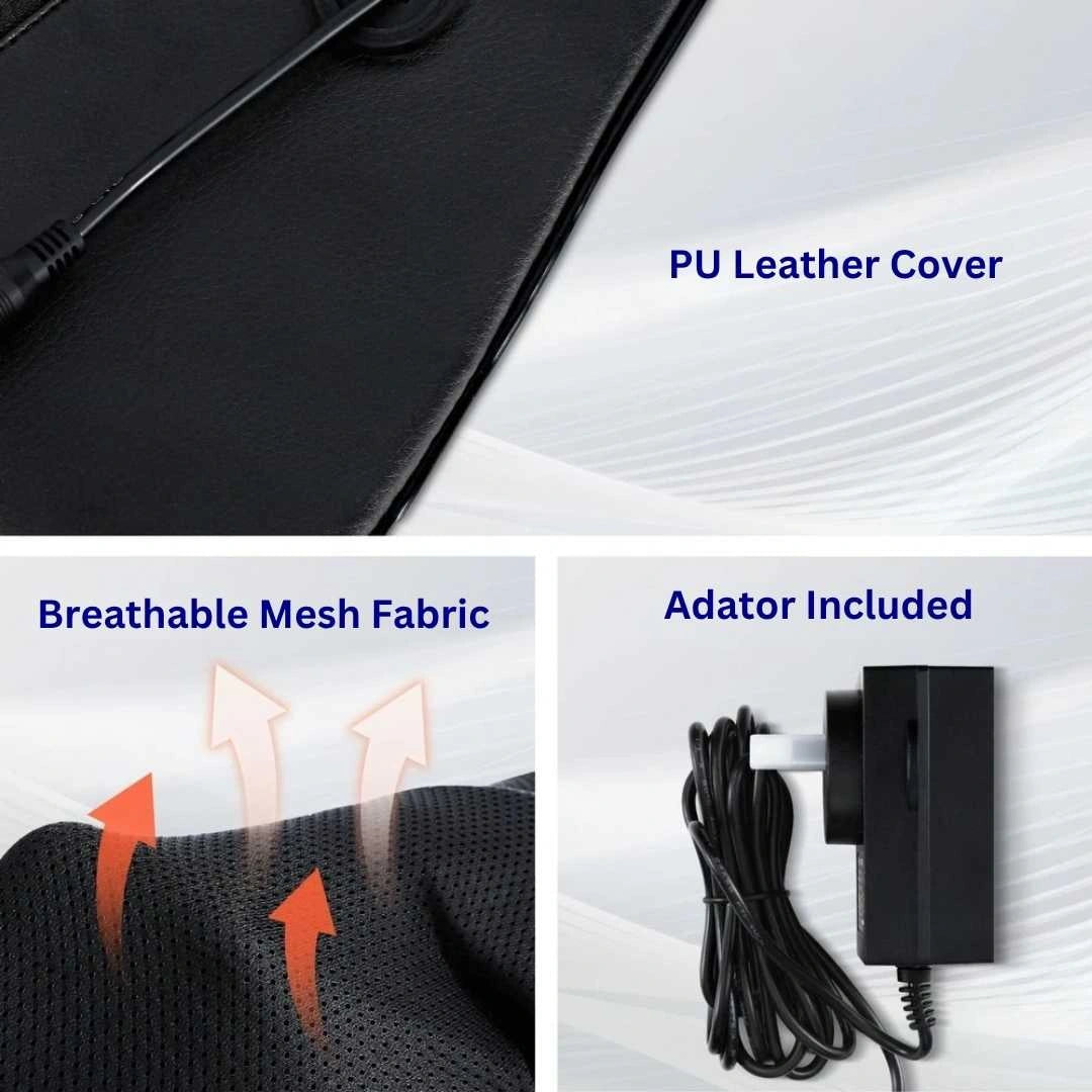 Shiatsu Neck Massager Features - Product features including PU leather cover, breathable mesh fabric, and adapter included on a white background.